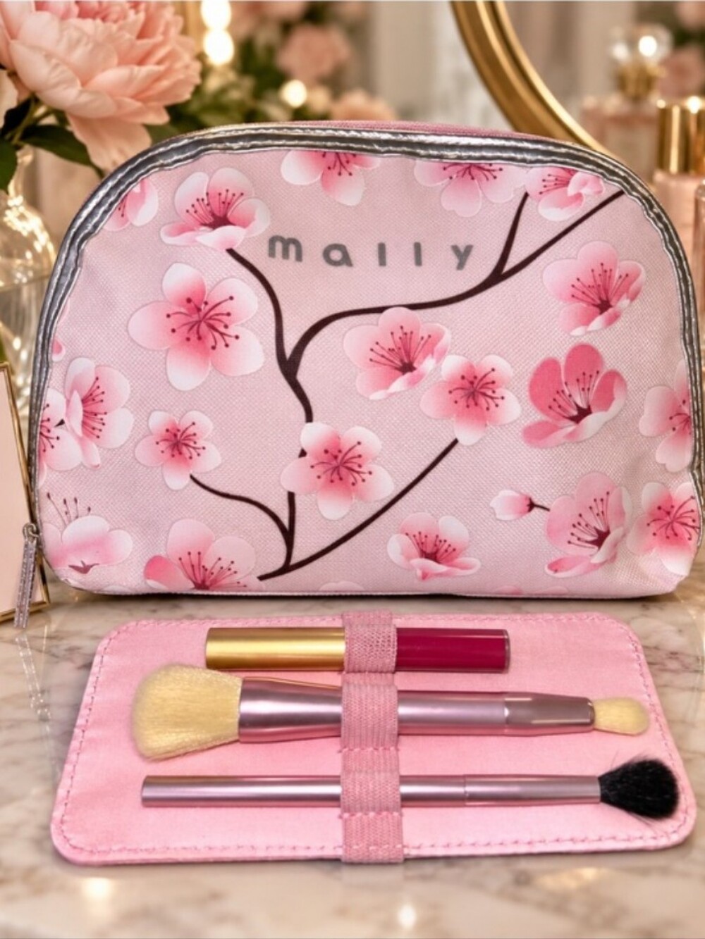 Mally Beauty-Cosmetics Zip Pouch 2 Brushes & Mini Berry Lip Gloss Set 🩷
